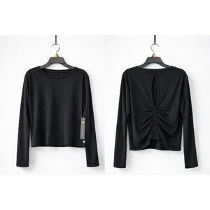 Stretch The Rules Women Black Long Sleeve Ruched Back Athletic Top L